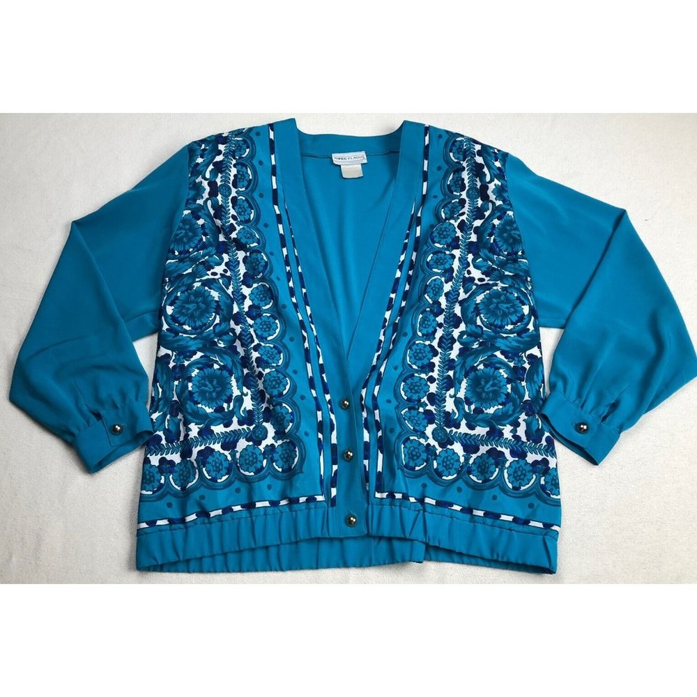Three Flags Women’s Blazer Top Button Open Front Floral Thin Blue Size 16